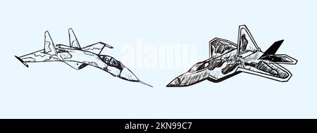 Avion militaire su et Raptor, dessin d'un caniche dessiné à la main, illustration d'un contour isolé Banque D'Images
