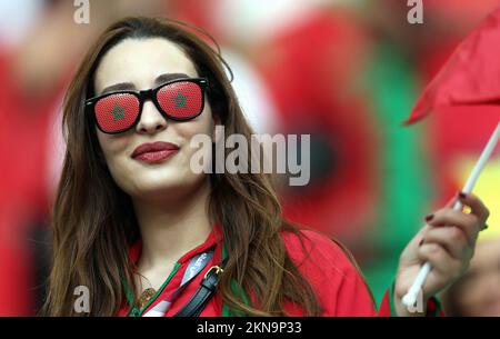 Le supporter de Red Devils photographié dans les stands devant un match de football entre l'équipe nationale belge les Red Devils et le Maroc, dans le Groupe F de la coupe du monde FIFA 2022 au stade Al Thumama, Doha, État du Qatar, le dimanche 27 novembre 2022. BELGA PHOTO BRUNO FAHY Banque D'Images