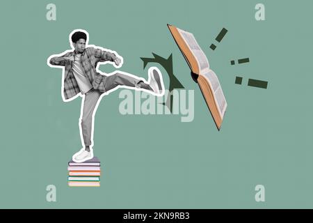Collage photo bannière de jeune excitée puddish Guy étudiant haine savoir stupide personne a frappé lutte contre les livres isolés sur fond peint Banque D'Images