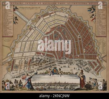 Plan de ville d'Amsterdam et de la région autour de lui de 16th-18th siècle. Les cartes sont magnifiquement illustrées à la main et gravées le montrant à l'époque. Banque D'Images