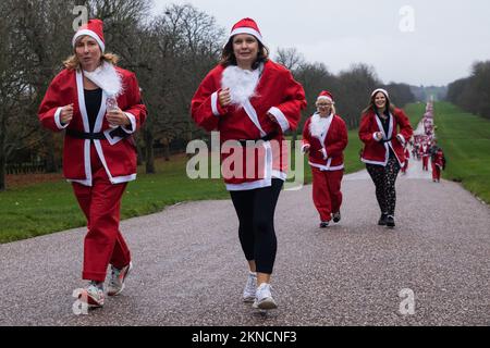 Windsor, Royaume-Uni. 27 novembre 2022. Des coureurs amusants vêtus du Père Noël participent à la longue promenade du Windsor Santa Dash 2022 dans le Grand parc de Windsor, à l'aide de l'hospice pour enfants Alexander Devine. L'événement de l'année précédente a permis de recueillir £30 000 000 personnes pour le service local d'hospice pour enfants, qui a donné des soins et un soutien spécialisés à des centaines d'enfants atteints de maladies qui limitent la vie et menacent la vie et à leurs familles depuis sa fondation en 2007. Crédit : Mark Kerrison/Alamy Live News Banque D'Images