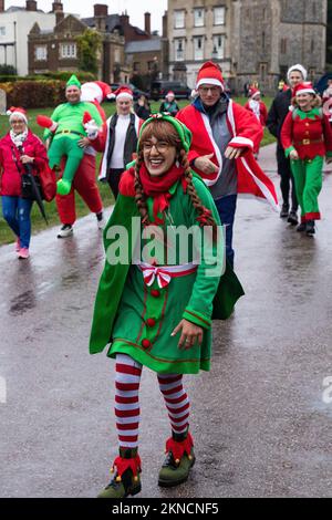 Windsor, Royaume-Uni. 27 novembre 2022. Des coureurs amusants, vêtus du Père Noël et de ses elfes, participent au Windsor Santa Dash 2022 sur la longue promenade dans le Grand parc de Windsor, à l'aide de l'hospice pour enfants Alexander Devine. L'événement de l'année précédente a permis de recueillir £30 000 000 personnes pour le service local d'hospice pour enfants, qui a donné des soins et un soutien spécialisés à des centaines d'enfants atteints de maladies qui limitent la vie et menacent la vie et à leurs familles depuis sa fondation en 2007. Crédit : Mark Kerrison/Alamy Live News Banque D'Images