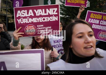 Ankara, Turquie. 27th novembre 2022. Un manifestant tient un écriteau qui indique « vous ne marchera jamais seul » pendant la démonstration. Nous allons mettre fin à l'Assemblée des femmes de la plate-forme des fémicides, qui a organisé une manifestation sur la place Sakarya à l'occasion de la Journée internationale pour l'élimination de la violence à l'égard des femmes. Crédit : SOPA Images Limited/Alamy Live News Banque D'Images