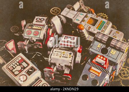 Scène technologique rétro rustique sur un groupe de vieux robots sur les engins industriels. Vintage Robotronics Banque D'Images