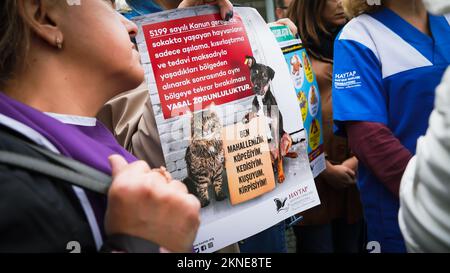 Izmir, Turquie. 27th novembre 2022. Les amoureux des animaux et les activistes qui se sont réunis avec l'appel de la Fédération des droits des animaux à Izmir ont protesté contre les massacres d'animaux en Turquie. Des séquences vidéo contenant une image graphique d'un agent travaillant dans un abri pour animaux appartenant à la municipalité métropolitaine de Konya, torturant et tuant un chien dans le refuge, ont été publiées sur les médias sociaux sur 24 novembre et ont provoqué des réactions dans toute la Turquie. Une enquête a été lancée après les images qui ont causé l'indignation. Deux personnes ont été détenues et arrêtées à la suite de l'enquête. Crédit: İdil Toffolo/Alamy L. Banque D'Images