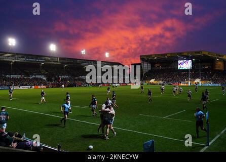 Oliver Hassell-Collins, de London Irish, célèbre la troisième tentative du match de la Gallagher Premiership à Mattioli Woods Welford Road Stadium, Leicester. Date de la photo: Dimanche 27 novembre 2022. Banque D'Images