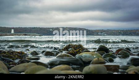 Vue sur le phare de Maugers Beach depuis la plage de l'île McNabs halifax nouvelle-écosse canada à marée basse Banque D'Images