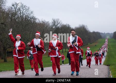 Windsor, Royaume-Uni. 27 novembre 2022. Des coureurs amusants vêtus du Père Noël participent à la longue promenade du Windsor Santa Dash 2022 dans le Grand parc de Windsor, à l'aide de l'hospice pour enfants Alexander Devine. L'événement de l'année précédente a permis de recueillir £30 000 000 personnes pour le service local d'hospice pour enfants, qui a donné des soins et un soutien spécialisés à des centaines d'enfants atteints de maladies qui limitent la vie et menacent la vie et à leurs familles depuis sa fondation en 2007. Crédit : Mark Kerrison/Alamy Live News Banque D'Images