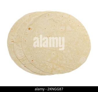 trois tortillas ronds de blé ou pain plat rond de pita lavash provenant du dessus, isolés sur fond blanc Banque D'Images