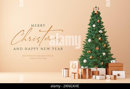 Modèle de carte de vœux Merry Christmas avec des cadeaux d'or et de blanc sous l'arbre sur fond crème. Noël et bonne nouvelle année design de la circulaire en 3D rendu Banque D'Images
