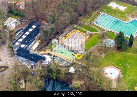 Vue aérienne, chantier de construction à la piscine en plein air Schöne Flöte à Holzwickede, région de la Ruhr, Rhénanie-du-Nord-Westphalie, Allemagne, salle de bains, Bain r Banque D'Images