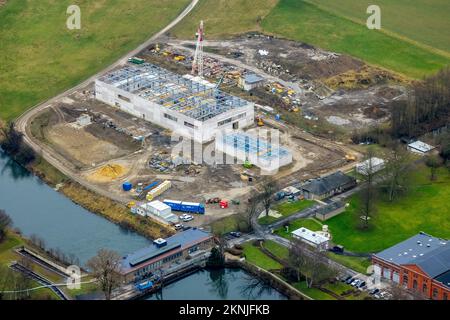 Vue aérienne, chantier de construction avec nouvelle station de pré-pompage et usine de traitement de l'eau potable (WAA) à la centrale hydroélectrique de Hengsen dans le district o Banque D'Images