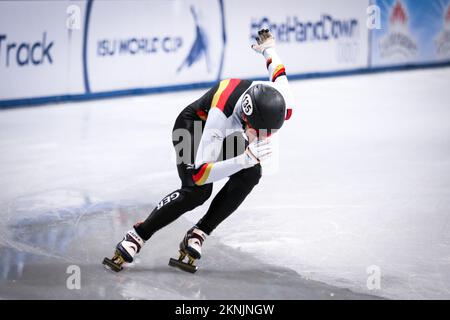 Dresde, Allemagne, 01 février 2019: Patineuse de vitesse allemande pendant le Championnat du monde de patinage de vitesse sur piste courte à l'arène EnergieVerbund Banque D'Images