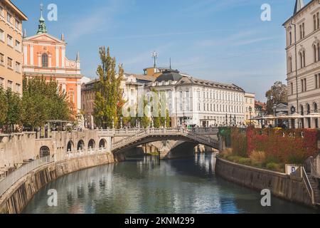 Le remblai fluvial de la rivière Ljujanica, belle Slovénie en automne Banque D'Images