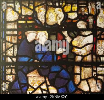 Panneau de vitraux datant de 15th ans représentant la mort de St.Cuthbert, York Minster, North Yorkshire, Angleterre Banque D'Images