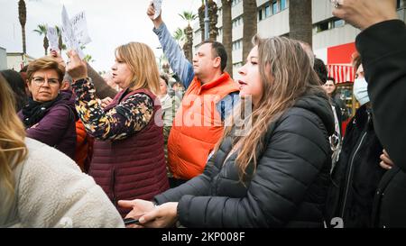 Izmir, Turquie, Turquie. 27th novembre 2022. Les amoureux des animaux et les activistes qui se sont réunis avec l'appel de la Fédération des droits des animaux à Izmir ont protesté contre les massacres d'animaux en Turquie. Des séquences vidéo contenant une image graphique d'un agent travaillant dans un abri pour animaux appartenant à la municipalité métropolitaine de Konya, torturant et tuant un chien dans le refuge, ont été publiées sur les médias sociaux sur 24 novembre et ont provoqué des réactions dans toute la Turquie. Une enquête a été lancée après les images qui ont causé l'indignation. Deux personnes ont été détenues et arrêtées à la suite de l'enquête. (Image crédit : © Banque D'Images