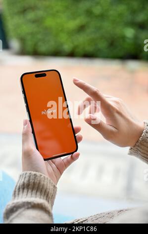 Chiang Mai, Thaïlande - novembre 25 2022 : une main féminine tenant un smartphone avec le logo de l'application Payoneer à l'écran. Banque D'Images