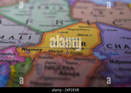 Niger Travel concept Nom du pays sur la carte du monde politique très Macro gros plan Voir stock Photograph Banque D'Images