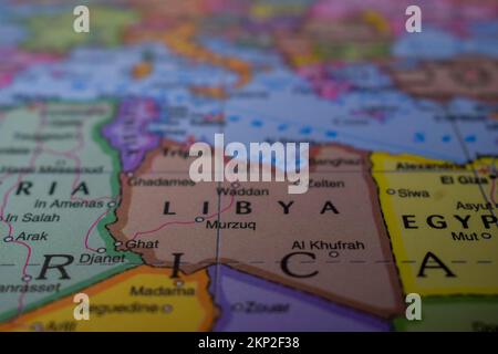 Libye Travel concept Nom du pays sur la carte du monde politique très macro gros plan Voir le stock Photographie Banque D'Images