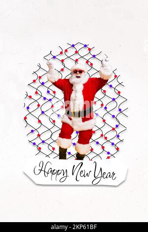 Photo collage œuvres d'art image minimale de sourire santa claus danse à l'écoute de x-mas musique chants de chants isolés dessin arrière-plan Banque D'Images
