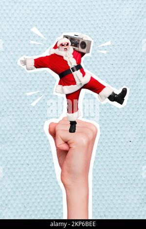 Photo sketch graphiques collage art image de Noël souriant cool écouter des chants de Noël dansant grand poing isolé dessin arrière-plan Banque D'Images