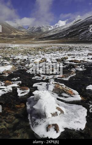 ruisseau de montagne gelé qui coule à travers la pittoresque vallée alpine à yumesodong ou point zéro, la belle vallée de l'himalaya situé à sikkim, inde Banque D'Images