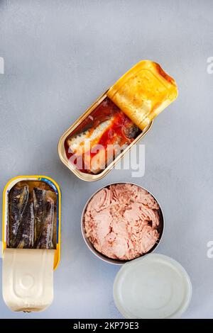 Poisson en conserve, sardines et thon sur fond gris avec espace de copie Banque D'Images