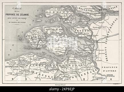 Carte de la province de Zeeland, pays-Bas, Europe. Voyage à la Zélande par Charles de Coster 1873 Banque D'Images