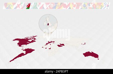 Agrandir la carte du pays de Galles sélectionnée sur la carte du monde perspective, Infographics sur les participants au tournoi de football. Illustration vectorielle. Illustration de Vecteur