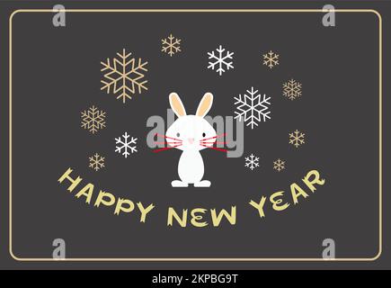 Carte de vœux du nouvel an, bannière avec lapin de dessin animé et flocons de neige Illustration de Vecteur