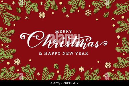 Joyeux Noël carte de vœux de bonne année. Fond rouge de Noël avec lettrage à la main, bordure de branches vertes d'arbre de noël, confetti de flocons de neige dorés. Banderole, affiche, circulaire de carte postale pour les fêtes d'hiver Illustration de Vecteur
