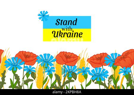 Bannière avec fleurs de pavot, fleurs de maïs et épillets de grain. Drapeau ukrainien. Illustration pour l'Ukraine. Séjour en Ukraine, paix. Illustration de Vecteur