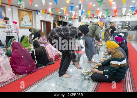 LANGAR. Les bénévoles d'un temple sikh distribuent de la nourriture végétarienne aux fidèles et aux visiteurs. À un temple de Richmond Hill, Queens, New York. Banque D'Images