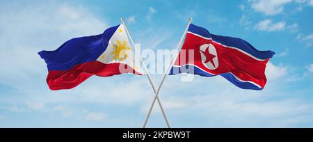 Deux drapeaux croisés la Corée du Nord et les Philippines agitant sous le vent à ciel nuageux. Concept de relation, de dialogue, de voyage entre deux pays. 3d 000 illu Banque D'Images