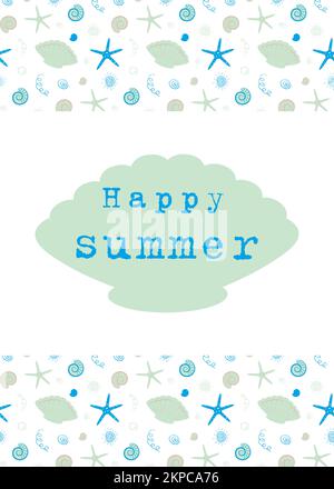 Carte d'été nautique Vector, bannière avec étoiles de mer, coquillages et gribouillages. Joyeux été. Prospectus dans des couleurs pastel Illustration de Vecteur