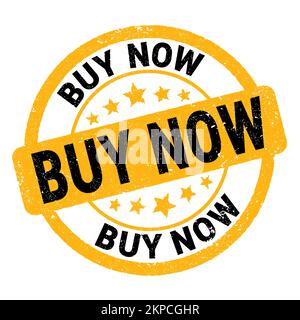 ACHETER MAINTENANT texte écrit sur le jaune-noir timbre signe grungy. Banque D'Images