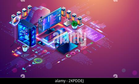 Développement logiciel concept isométrique. Conception Web, développer une application de différents appareils. Créer un programme d'ordinateur portable, de PC, de téléphone mobile. Processus technologique Illustration de Vecteur