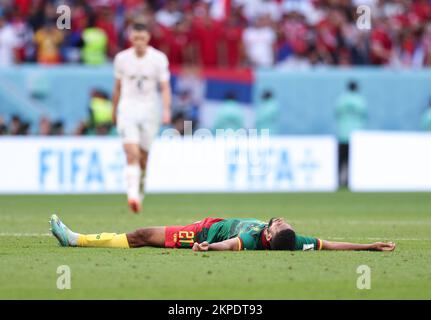 Al Wakrah, Qatar. 28th novembre 2022. Jean-Charles Castelletto du Cameroun réagit après le match du Groupe G entre la Serbie et le Cameroun à la coupe du monde de la FIFA 2022 au stade Al Janoub à Al Wakrah, Qatar, le 28 novembre 2022. Credit: Xu Zijian/Xinhua/Alamy Live News Banque D'Images