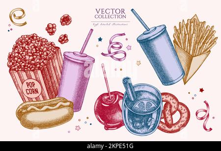 Collection Carnival Food vintage illustrations. Logos dessinés à la main avec frites, bretzel, pop-corn, limonade, hot dog, vin chaud, caramel Illustration de Vecteur