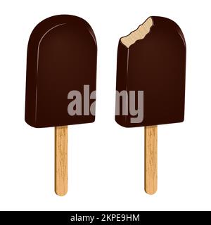 Ensemble de glace en glaçage au chocolat sur un bâton, entier et mordu. Crème glacée au chocolat Popsicle. Produits surgelés aliments sucrés. Affiche alimentaire réaliste 3D. V Illustration de Vecteur