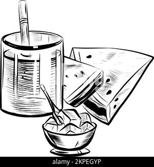 Croquis de verre avec paille, bol à glace et pastèque. Illustration réaliste Doodle dessinée à la main Illustration de Vecteur