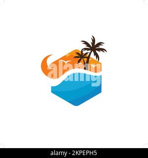 Un logo vectoriel en forme de coucher de soleil et de mer avec des arbres isolés sur fond blanc Illustration de Vecteur