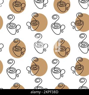 Motif sans couture issu du dessin de contour d'une tasse avec vapeur fluide sur le fond d'un spot coloré dans des tons de café tendance. Isoler. Vecteur. EPS. Idéal pour le design sur tissu ou serviette, bannière Illustration de Vecteur