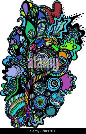 Dessin ethnique ornemental à la main avec éléments géométriques abstraits en Doodle, style Zentangle en couleur. Motif pour page de livre de coloriage pour adultes - Illustration de Vecteur