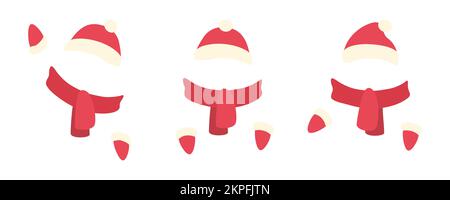 Ensemble bonnet, écharpe et moufles. Vêtements tricotés en laine de père Noël rouge. Illustration vectorielle isolée sur fond blanc Illustration de Vecteur