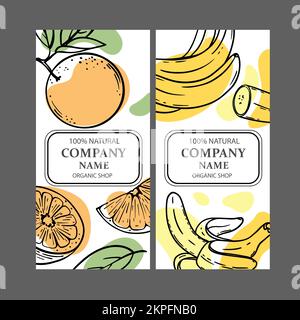 ÉTIQUETTES BANANE ORANGE conception d'autocollants pour la boutique de fruits biologiques tropicaux naturels juteux et les boissons à base de dessert dans l'illustration vectorielle de style esquisse Illustration de Vecteur