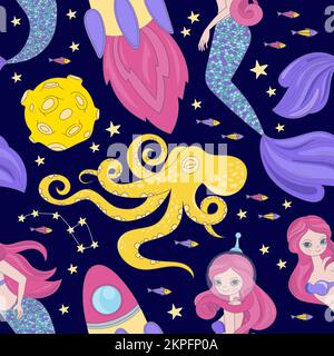 OCTOPUS MERMAID Cartoon Cosmos Space Sea Galactic Princess Girl Universe Journey Voyager Schéma fluide Illustration vectorielle pour l'impression Illustration de Vecteur