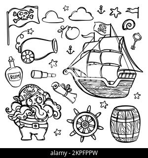 PIRATE D'OCTOPUS ET NAVIRE avec drapeau de crâne sur mât Cartoon dessin manuel Monochrome Clipart Sea attributs et objets scénario jeu d'illustrations pour la conception an Illustration de Vecteur