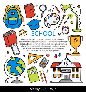 ÉCOLE EN LIGNE Education concept bannière Web divers fournitures scolaires pour l'apprentissage des élèves sur l'Internet Vector Illustration Doodle dessiné à la main Illustration de Vecteur