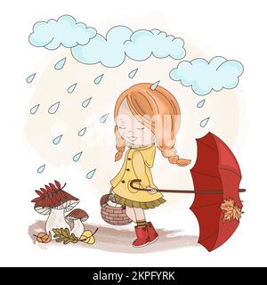 PARAPLUIE FILLE Rouge cheveux enfant avec Un panier marche sous la pluie traînant Un parapluie rouge et rassemble des champignons clip Art Vector Illustration S Illustration de Vecteur